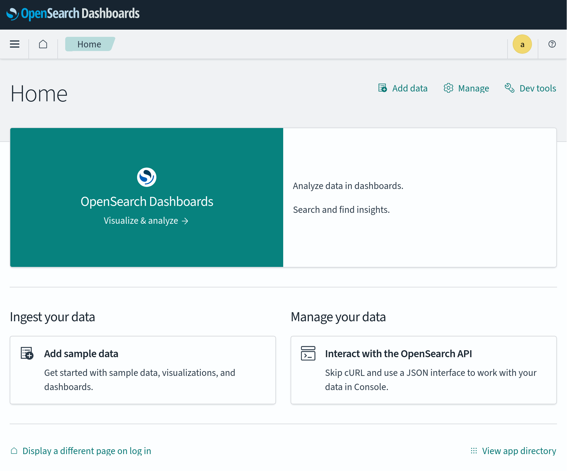 Browser showing OpenSearch Dashboards after logging in